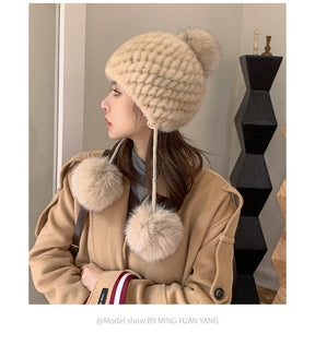 Winter Fox Pom Pom Mink Fur Hat for Women