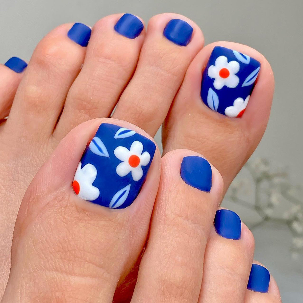 Blue Toe Nails with White Flower, Matte Finish, Removable