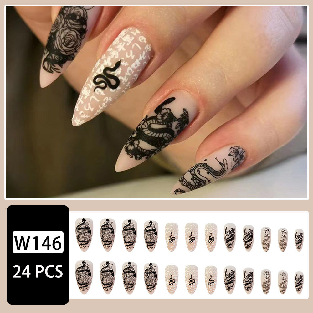 Dark Snake Print Nails with Flowers, Ultra-Thin