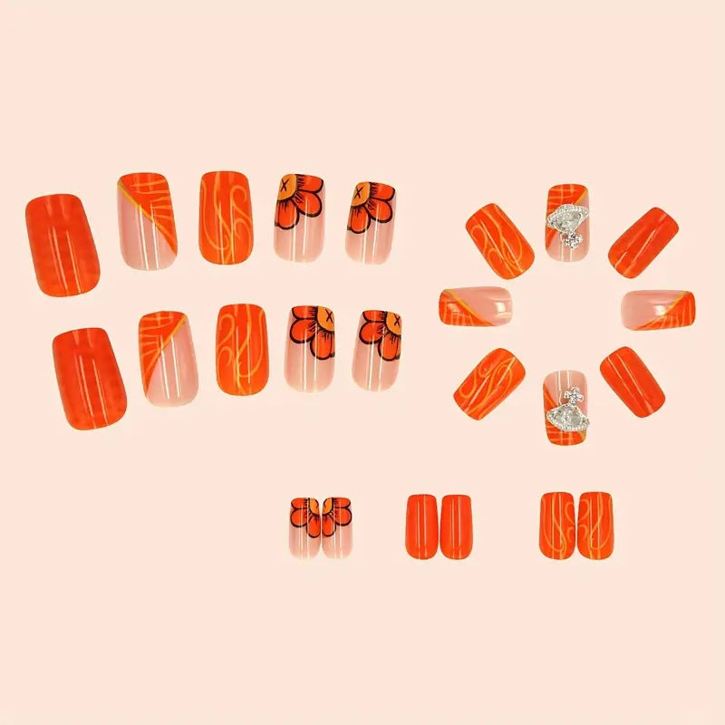 Shiny Orange Nails with 3D Printed Design