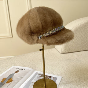 Warm Real Fur Trapper Hat with Rhinestones