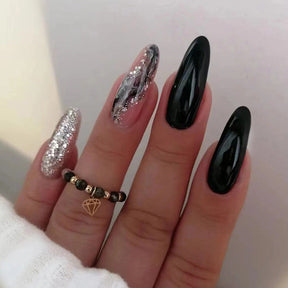 Flashy Solid Galaxy Nails, Sweet and Edgy, Black Almond Shape