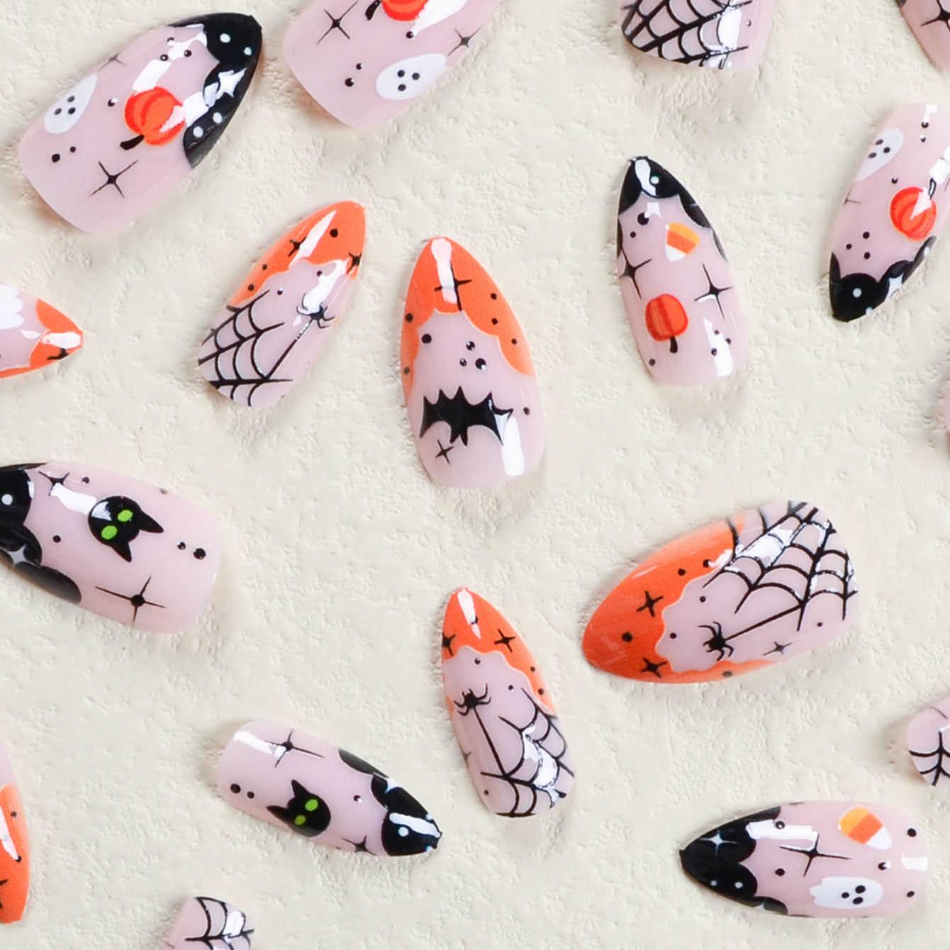 Black Spider Web and Bat Halloween Nails