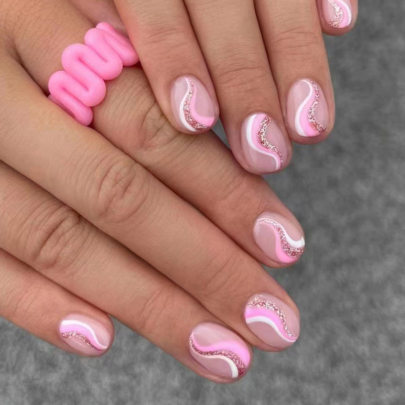 Sweet Short Round Pink Striped Nails, Shiny, Cute, European Style