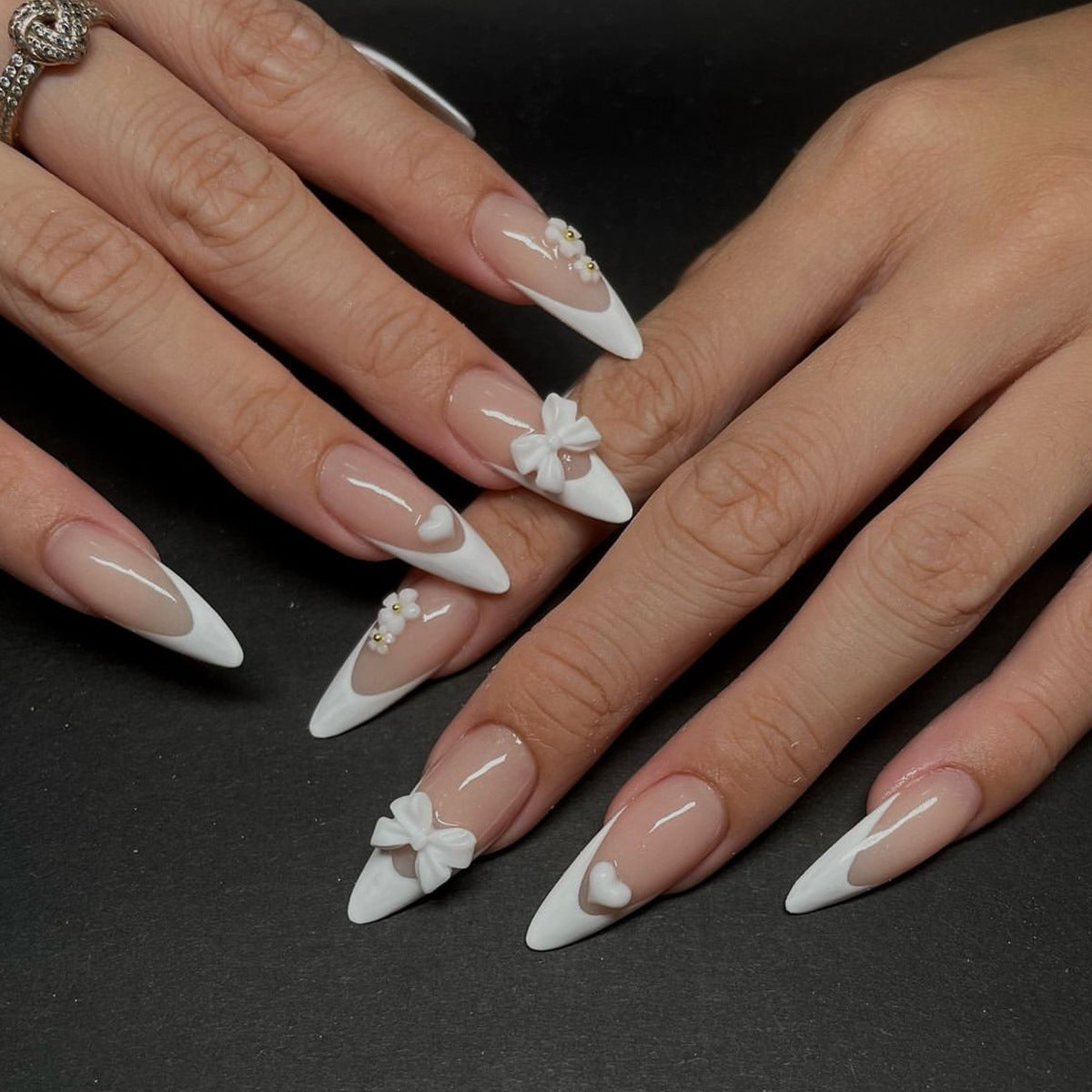 White Valentine's Day Almond Nail Tips with Bows