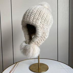 Warm Mink Fur Hat with Fox Pom Pom - Winter Luxury