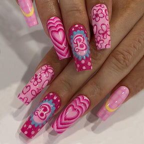 Barbie Pink Butterfly Heart Flower False Nails