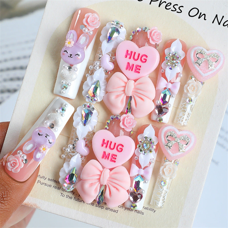 Handmade Nail Tips with Bows, Hearts, and Rhinestones