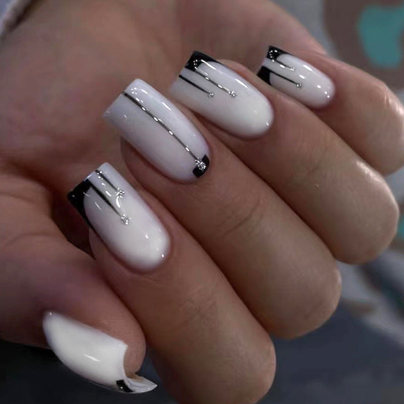 Square Minimalist Aurora Black and White Ombre Nails, INS Style