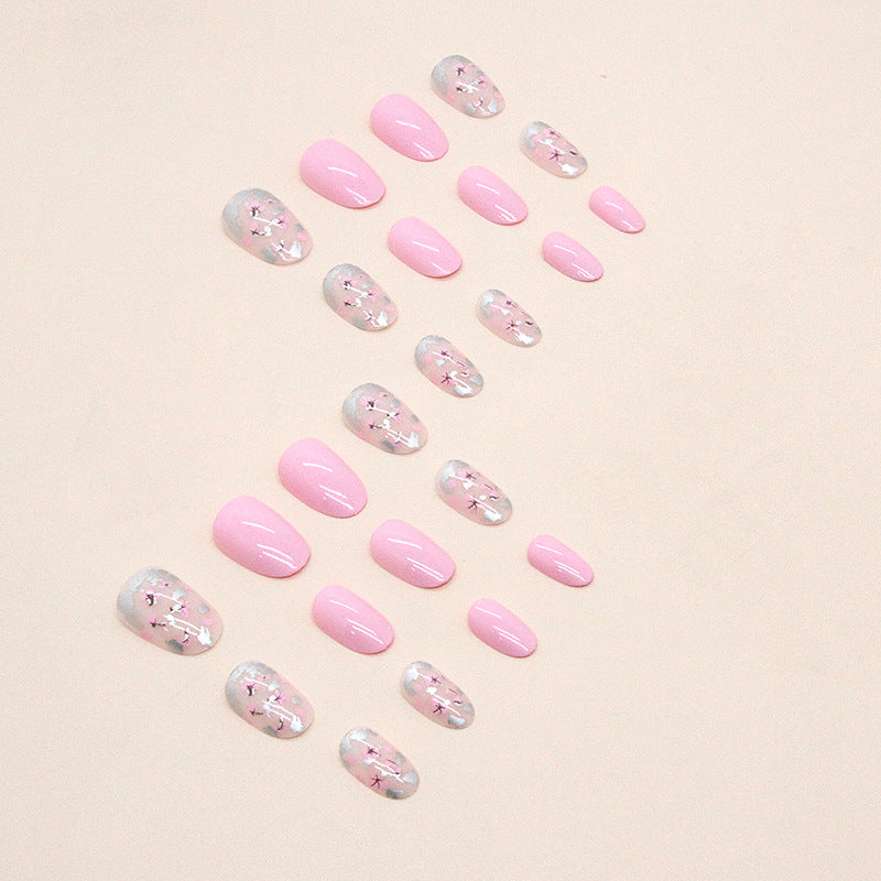 Cute Short Oval Floral Nails Pink Tender Fashion Sweet Girl Fake Nails