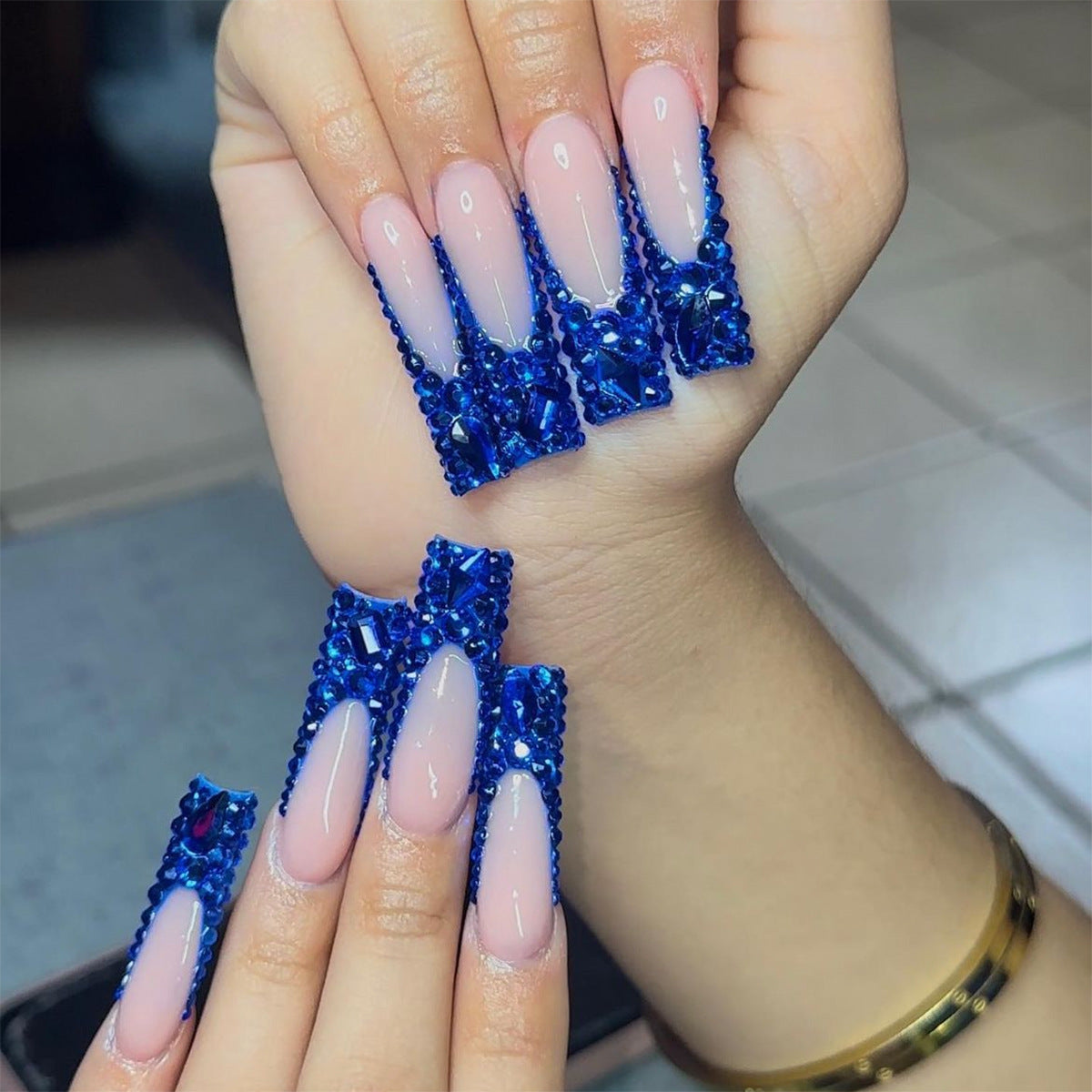 Handmade Blue Diamond Long Nail Tips