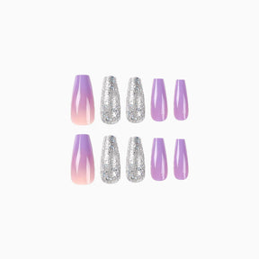 Purple Gradient Wearable Nail Art Tips with Silver Glitter