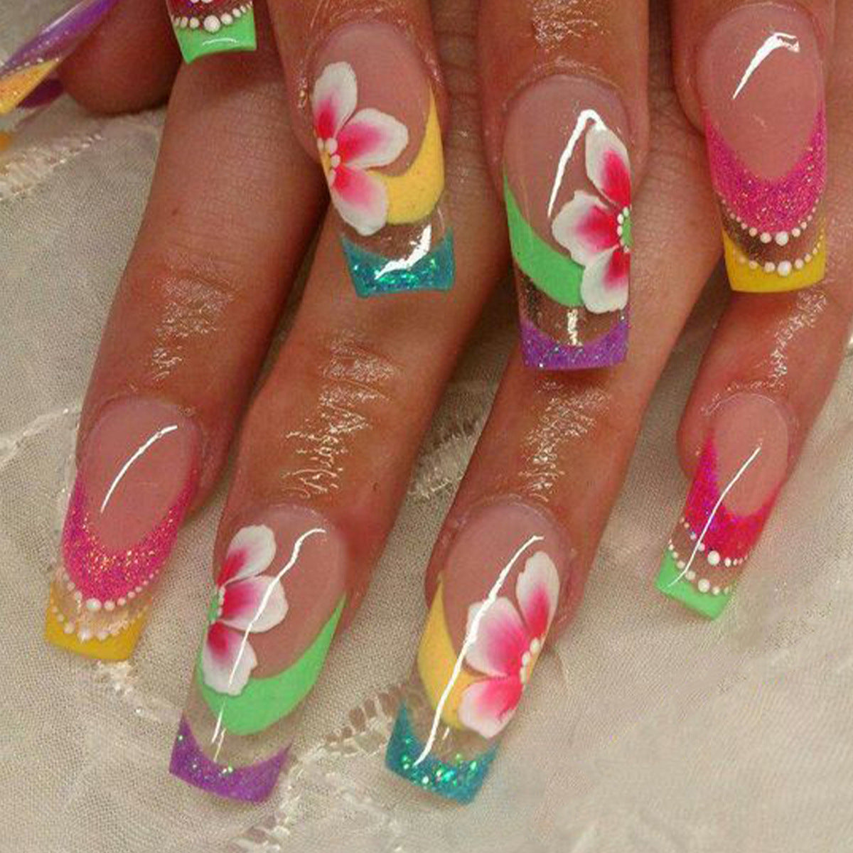 Sparkling French Floral Punk Nail Tips