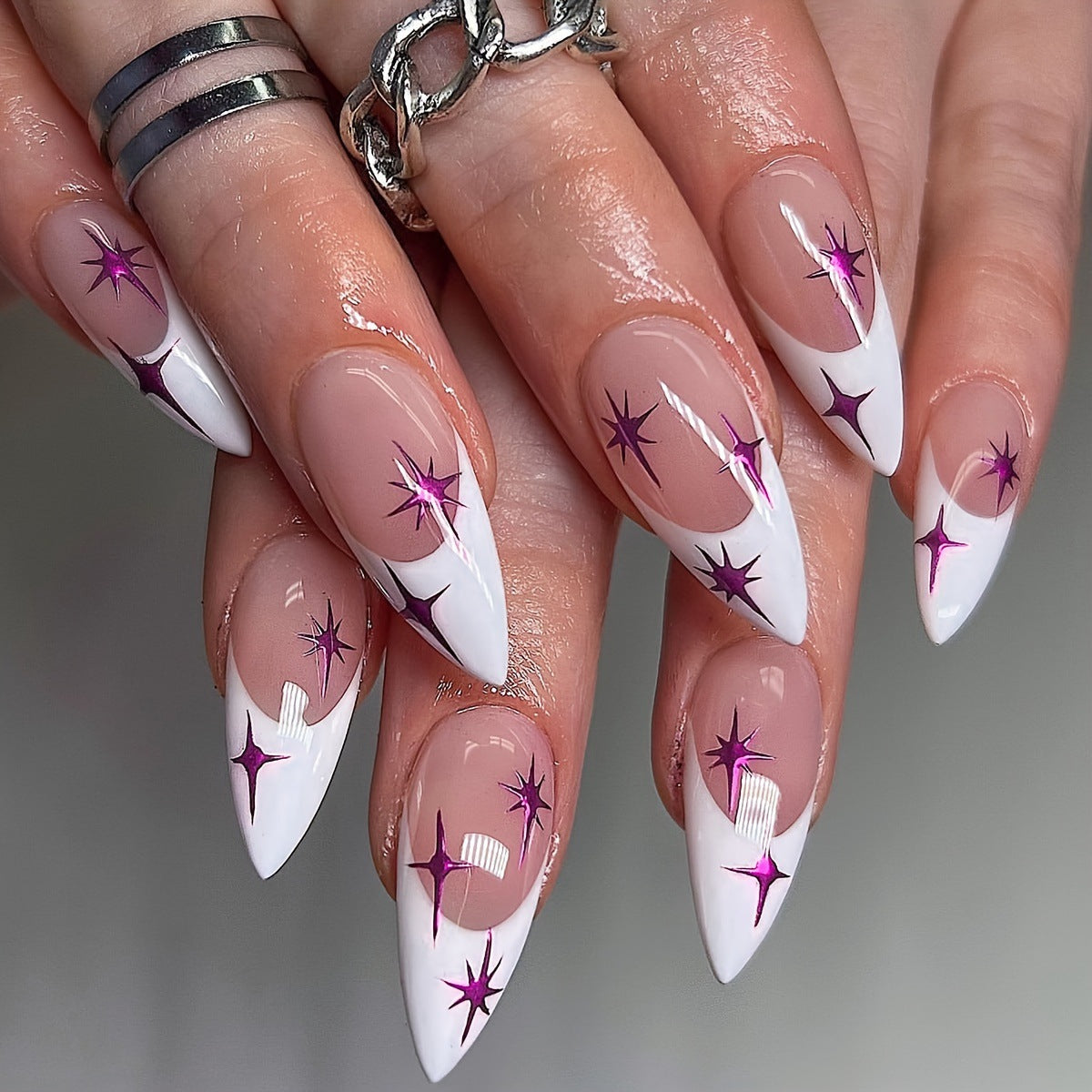 Popular Euro French White Tip Pointed Nails, Purple Starlight Finish