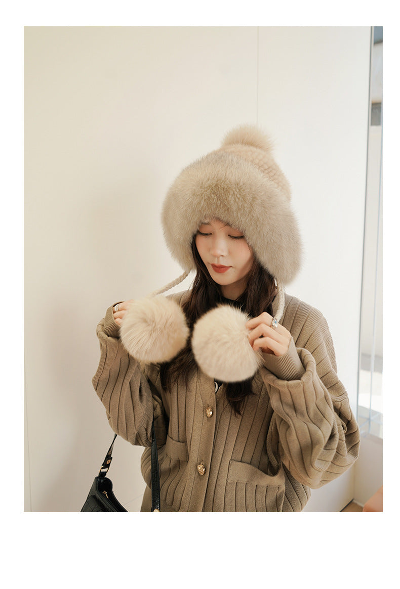 Women's Warm Faux Fur Lined Fox Ear Flap Hat with Real Rabbit Fur Pom Pom