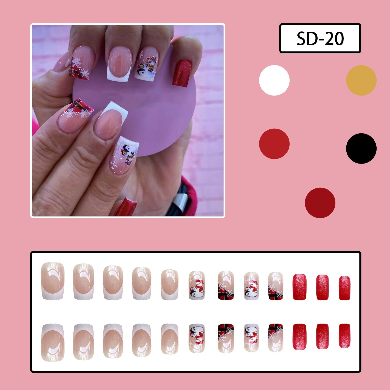 Winter Snowflake Santa Penguin Gradient Square Nails with Red Glitter