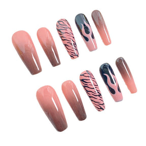 Chic Handmade Painted Long Trapezoid Fall Nails, Trendy and Versatile Student-Friendly Nail Patches