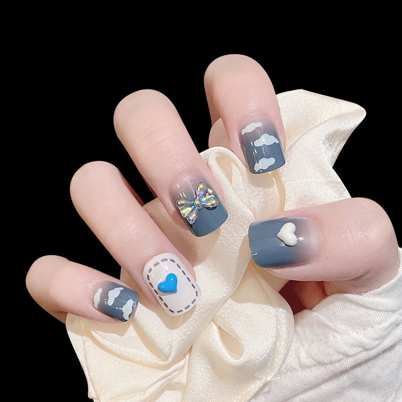 Chic Minimalist Removable Blue-White Gradient Nail Stickers with Rhinestones