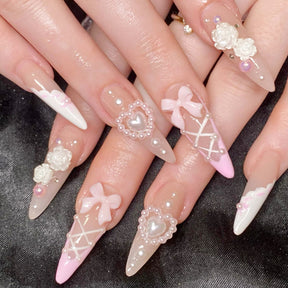 French White Bow and Heart Nails, Sweet and Chic