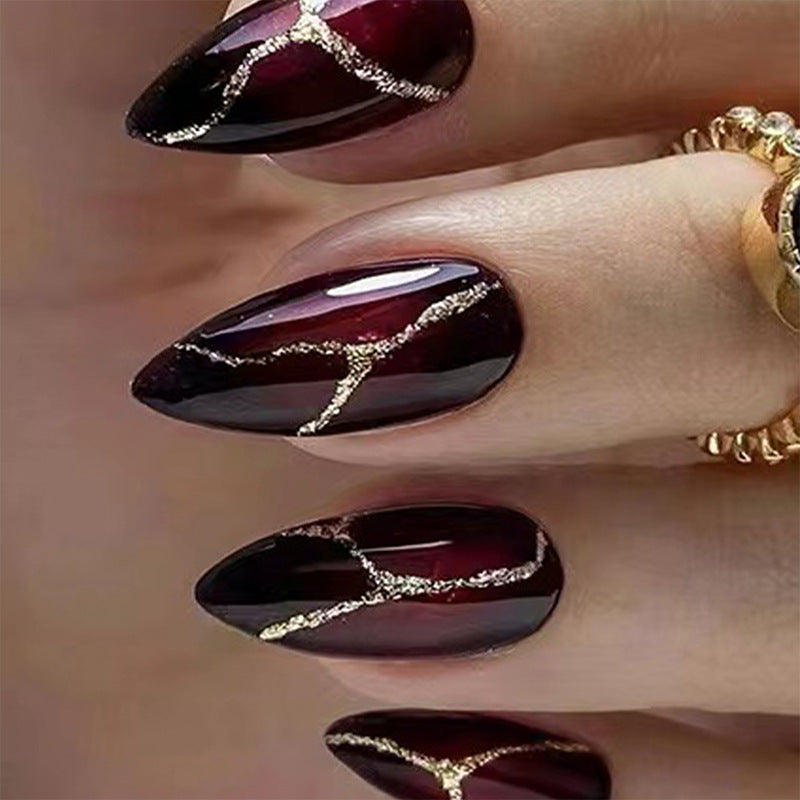 Autumn Dark Red Almond Nails with Gold Stone Pattern