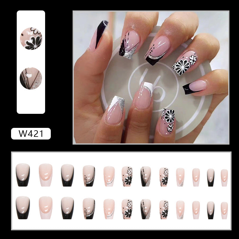 Flashy Black and White French Short Ballet Nails, Sweet and Edgy Flower Design