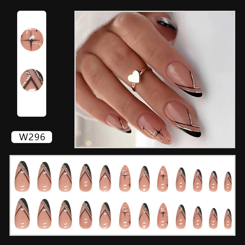 Autumn/Winter Mysterious Black Slanted French Almond Nails, Shiny Starry Sky