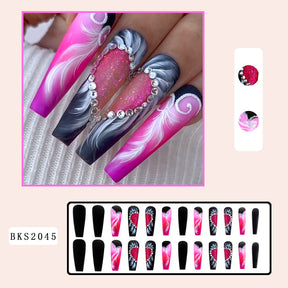 Sparkly Heart Patch Feather Nail Tips