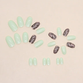 Pure Green Round Oval Fake Nails Fresh Jasmine Milk Green Black Hill Pattern Wearable Nails