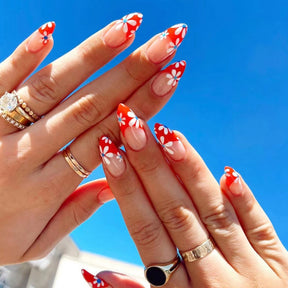 Sunshine Red French Sunflower Fall Nails, 24-Piece Ins-Style Set