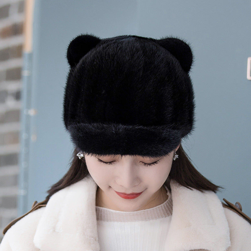 Winter Mink Fur Cat Ear Cap - Stylish & Warm