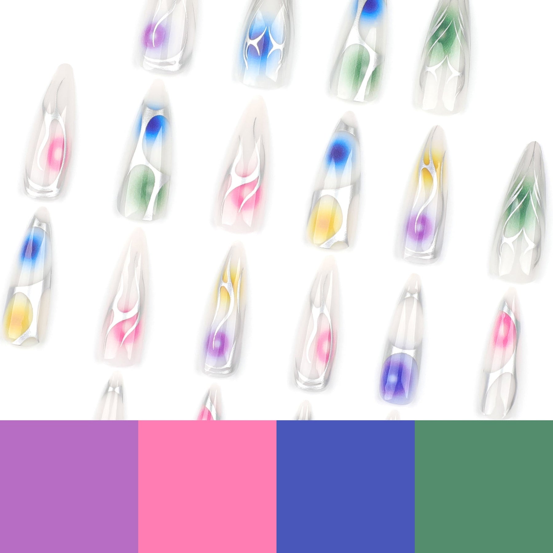 Color Gradient Long Pointy Fake Nails, Silver Flame Design