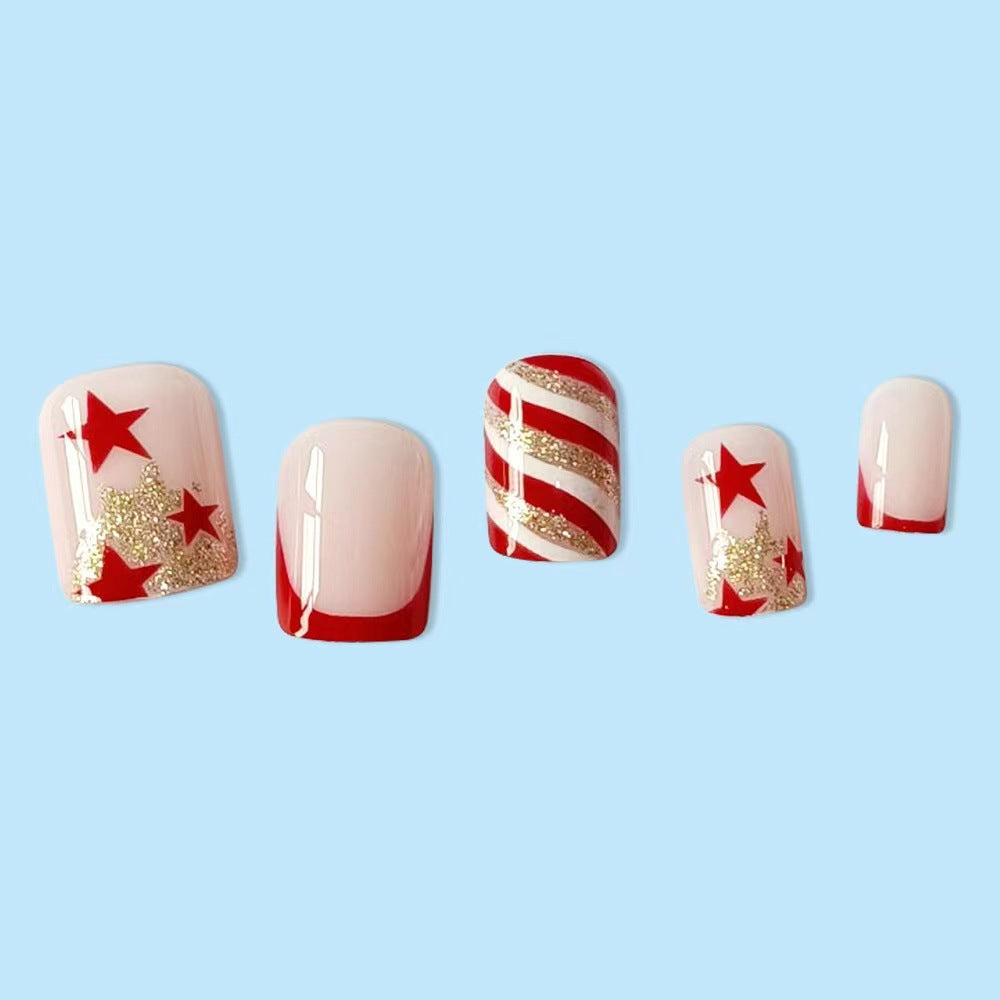 Cute French Red Striped Star Christmas Fall Nails - Removable Nail Tips