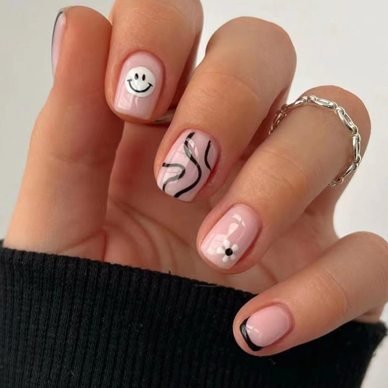 Cute Short Smiley Wave Flower Nails Nude Pink Base Black French Euro Ins Style Fake Nails