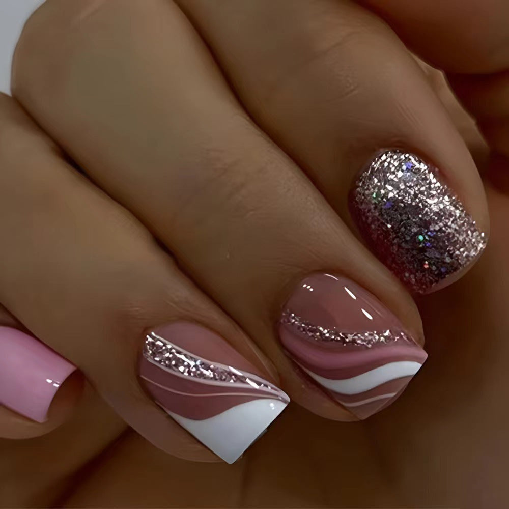 Pink Moonlight Nails with Shimmering Pink and White Stripes