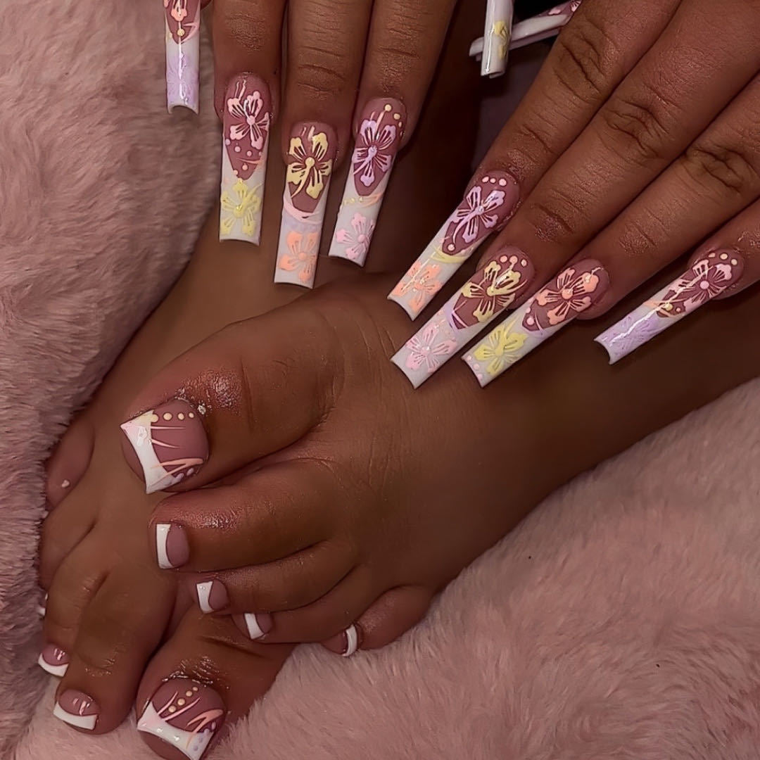 White French Nails with Yellow and Pink Floral Prints