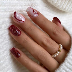 Square Flash Cherry Red Nails, Heart Pattern, Ins Style, Wholesale