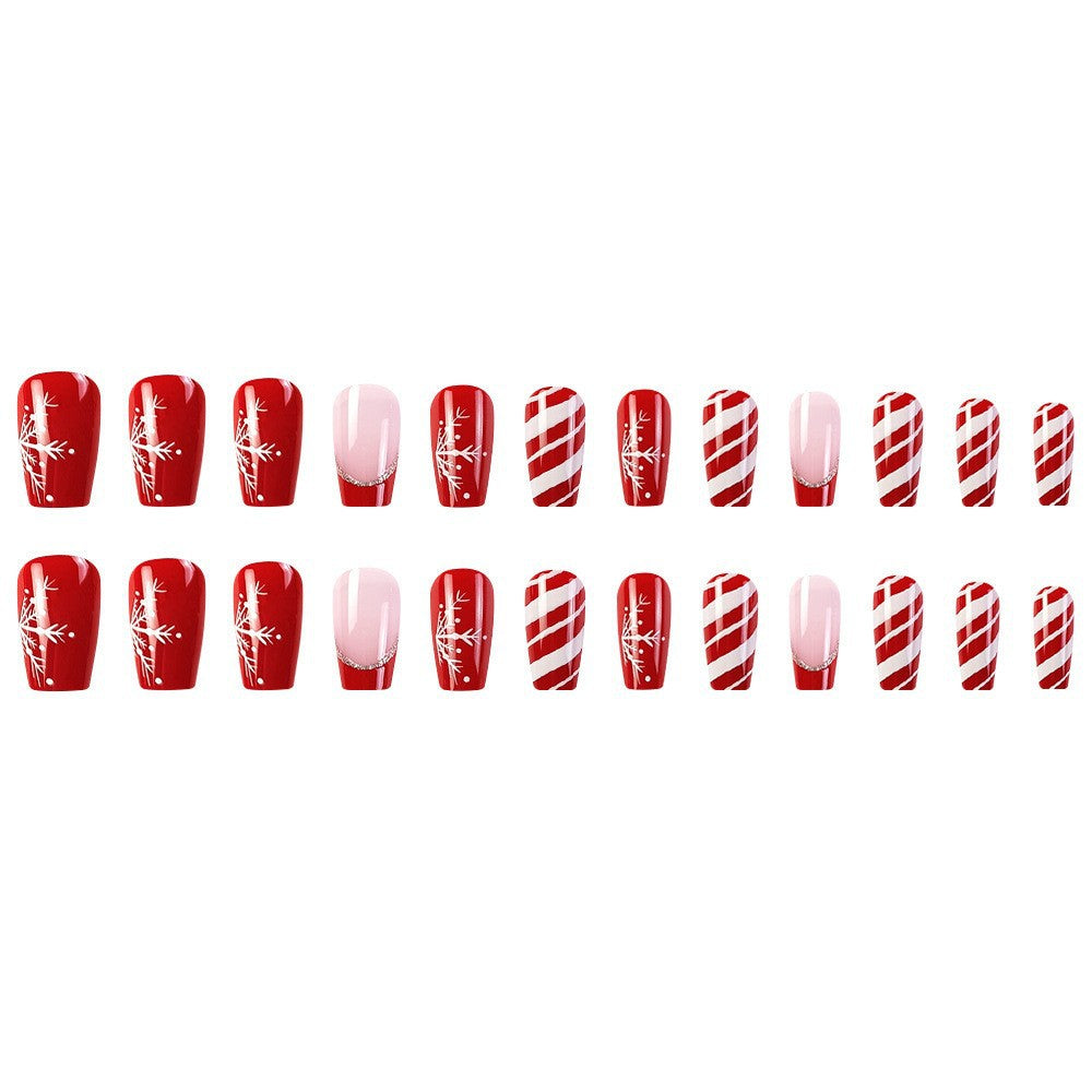 Christmas Red and White Stripe Glitter Snowflake Fall Nails - Removable Nail Tips