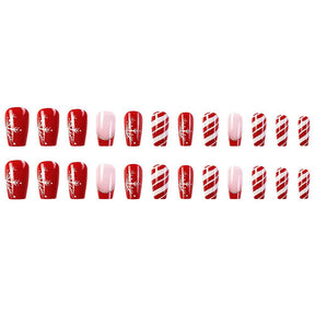 Christmas Red and White Stripe Glitter Snowflake Fall Nails - Removable Nail Tips