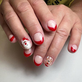 Cute Santa and Reindeer Christmas Nails, Red French Tip