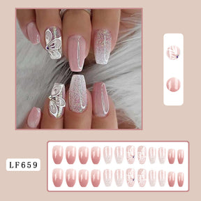 Short Gradient Glitter Nail Tips with Butterfly and Diamonds