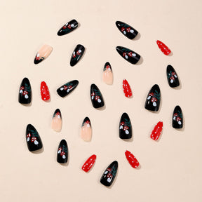 Almond-Shaped Black Red French Tree Mushroom Print Removable Nails