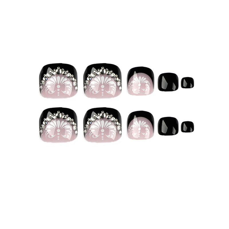 Wholesale Black French Toe Nails with White Flower Cluster Diamond Tip