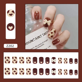 Wearable Nail Tips Milk Coffee Heart Bow Design