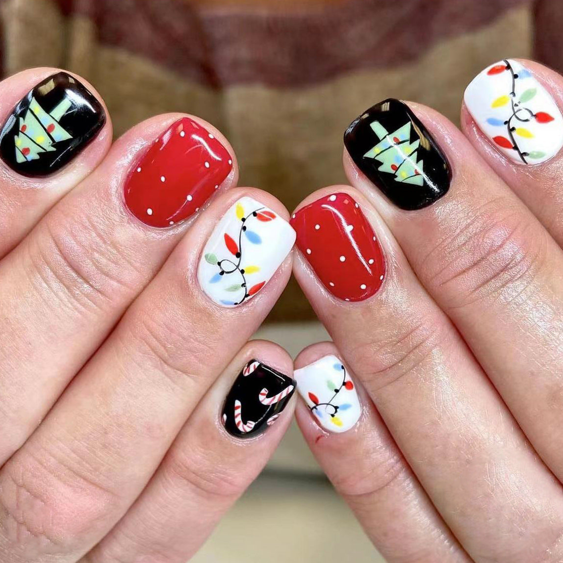 Christmas Nail Tips with Tree, Cane, and Candy Colors