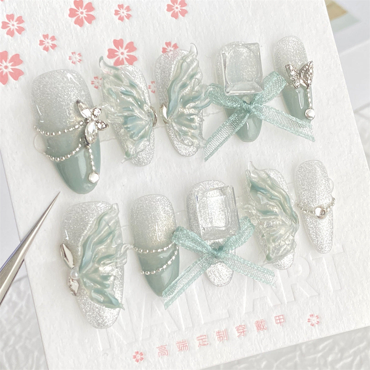 Chic Handmade Crystal Glass 3D Butterfly Flash Diamond Fall Nails, Original Oval Nail Patches