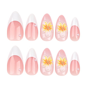 Simple French White Nails with 3D Sunflower Design