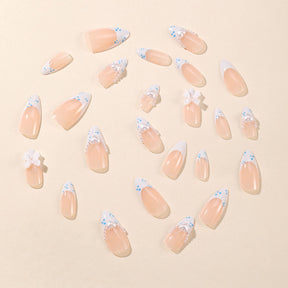 Removable Almond Shaped Blue Polka Dot Pearl Heart Fake Nails