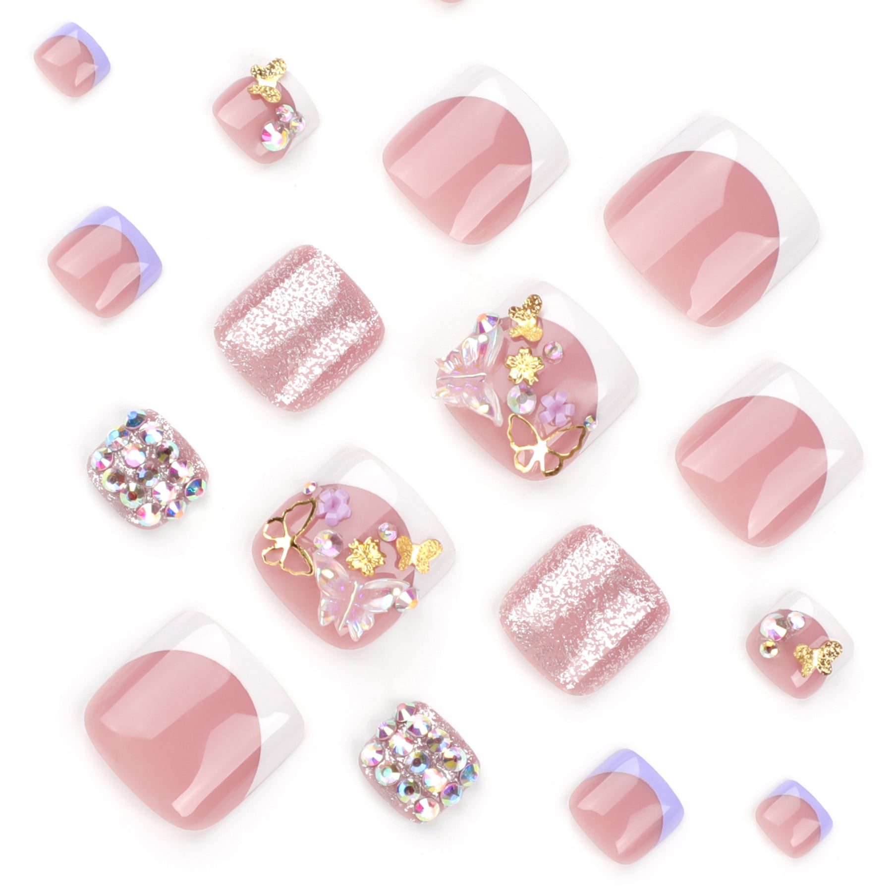 Crystal-Studded French Butterfly Toe Nail Art