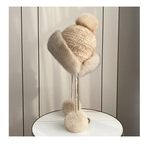 Women's Warm Faux Fur Lined Fox Ear Flap Hat with Real Rabbit Fur Pom Pom