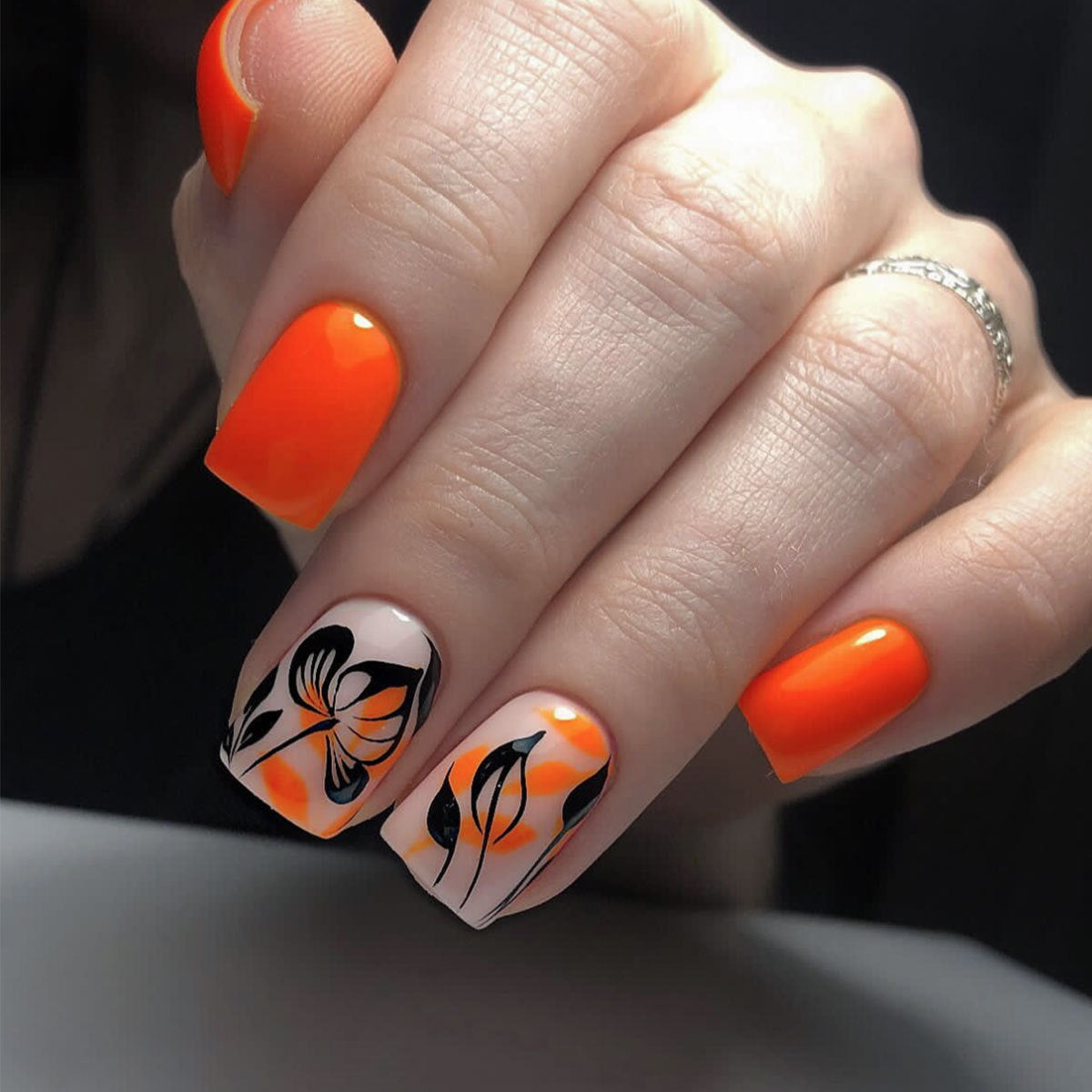 Wholesale Spring Summer Square Orange Leaf Detachable Fake Nails